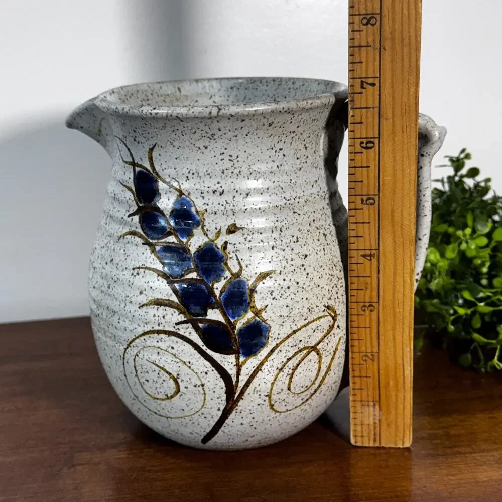 Signed Studio Art Pottery Pitcher Blue Flowers Handle Ribbed Spout Vase 7